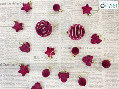 Hộp 35 phụ kiện châu nhung Đỏ phun kim tuyến Vàng [Nhiều kiểu - ĐK 3-6cm] PKT-X-08